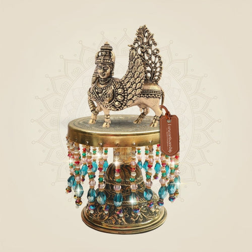 Brass Kamdhenu Cow Murti with Chowki 7"– Engraved Surface Detail