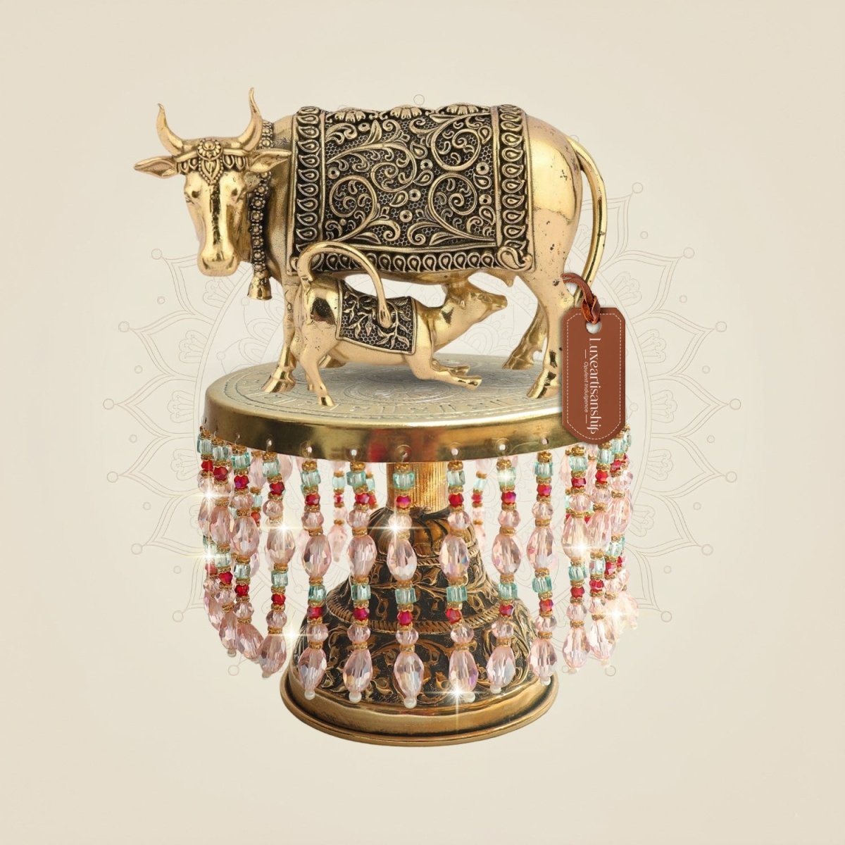 Brass Kamdhenu Cow Sculpture on Chowki crafted with refined surface 7.25" - Luxeartisanship