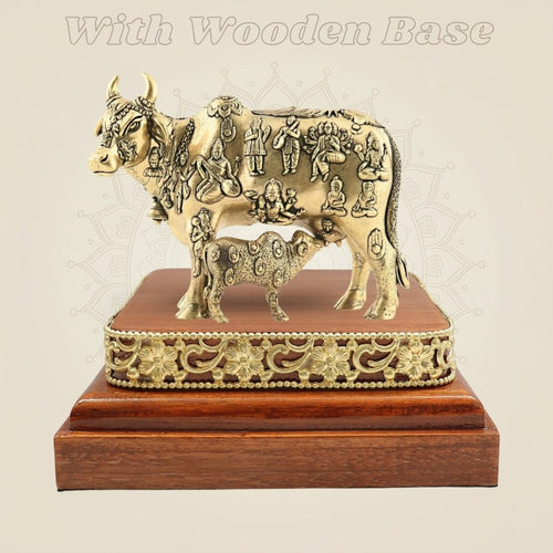 Brass Kamdhenu Cow Statue & Calf (3.75?) Presented on a Square Wooden Base