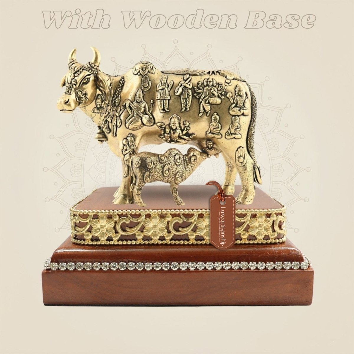 Brass Kamdhenu Cow Sculpture & Calf on Wooden Base
