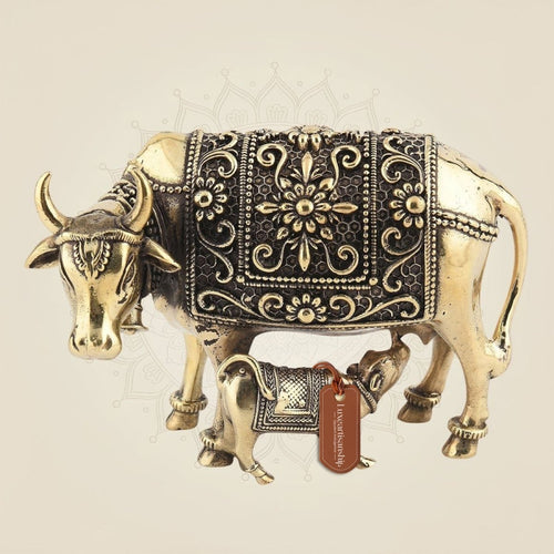 Brass Kamdhenu Cow with Calf Idol 2.5" – Lightweight Pooja Decor