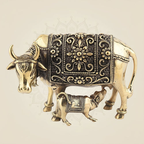 Brass Kamdhenu Cow with Calf Idol 2.5" – Lightweight Pooja Decor