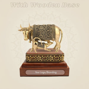 Brass Kamdhenu Cow with Calf Idol Set on Wood Base