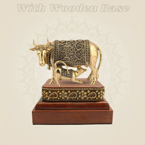 Brass Kamdhenu Cow with Calf Idol Set 2.5"on a Solid Square Wood Base