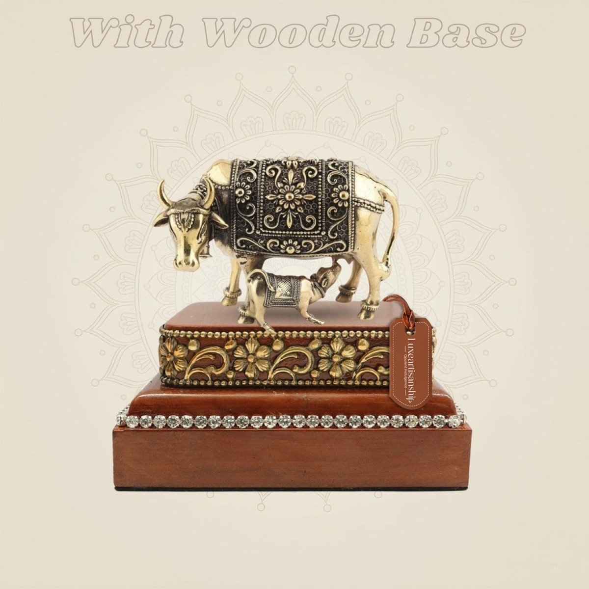 Brass Kamdhenu Murti Calf on a Wooden Base