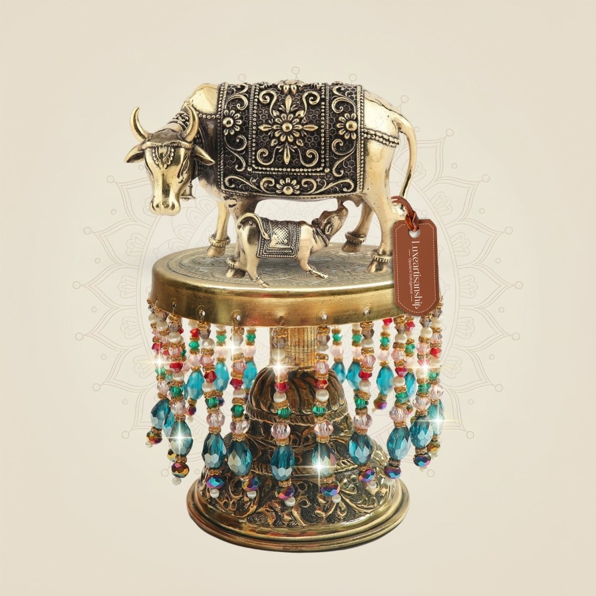 Brass Kamdhenu Cow with Calf on Chowki – Brass Statue 6" - Luxeartisanship