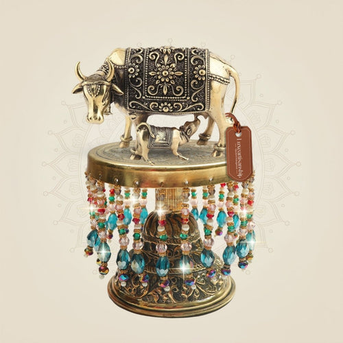 Brass Kamdhenu Cow with Calf on Chowki – Brass Statue 6"