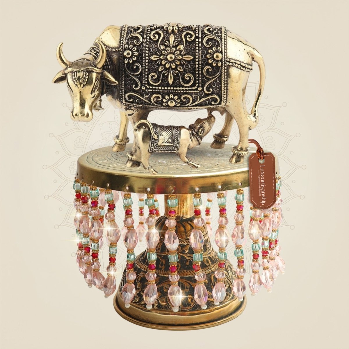 Brass Kamdhenu Cow with Calf on Chowki – Fine Surface Engraving - Luxeartisanship