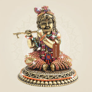 Brass Kanha Idol Playing Flute with Rhinestone Work – 4.75 Inch - Luxeartisanship