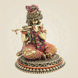 Brass Kanha Idol Playing Flute with Rhinestone Work – 4.75 Inch - Luxeartisanship