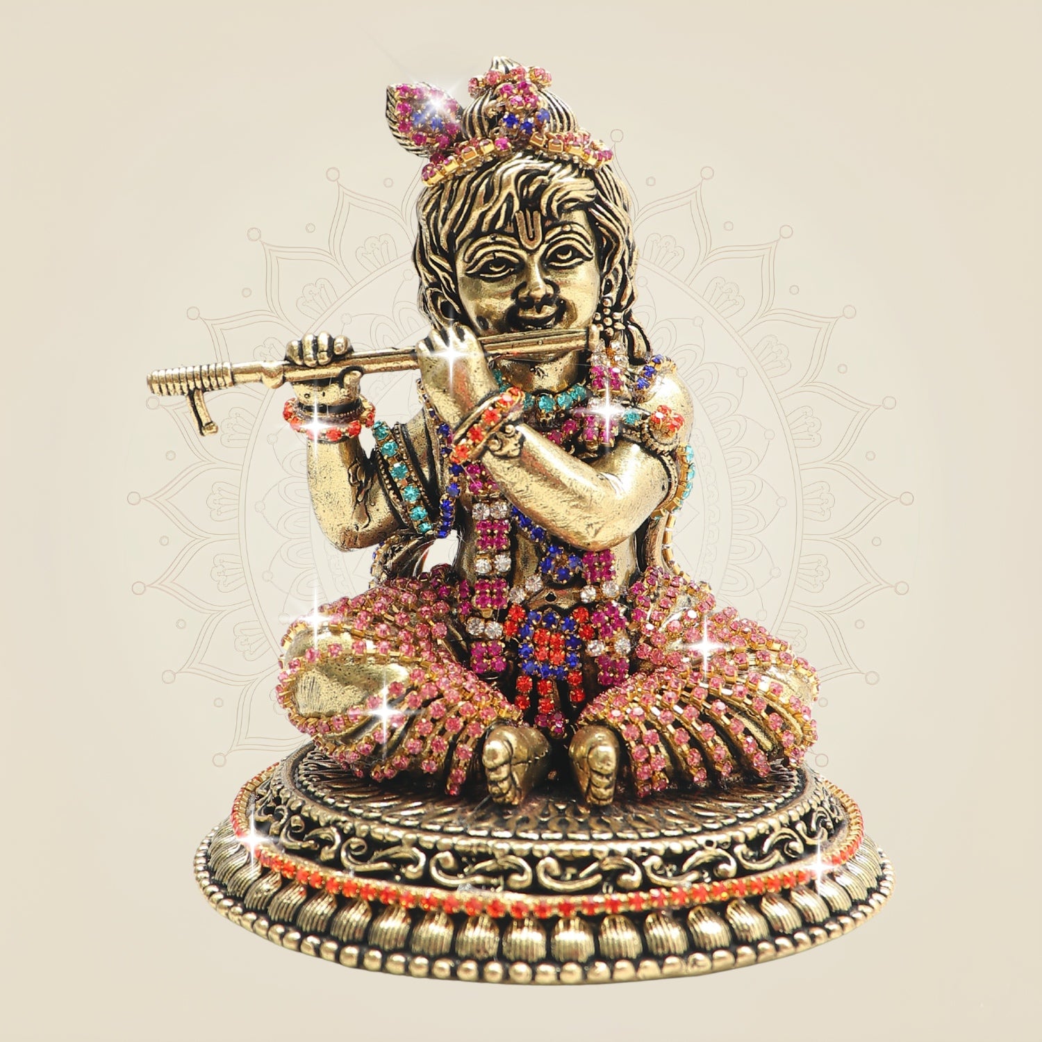 Brass Kanha Idol Playing Flute with Rhinestone Work – 4.75 Inch - Luxeartisanship