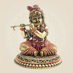 Brass Kanha Idol Playing Flute with Rhinestone Work – 4.75 Inch - Luxeartisanship