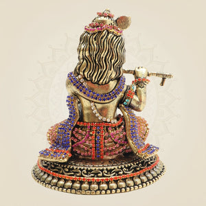 Brass Kanha Idol Playing Flute with Rhinestone Work – 4.75 Inch - Luxeartisanship