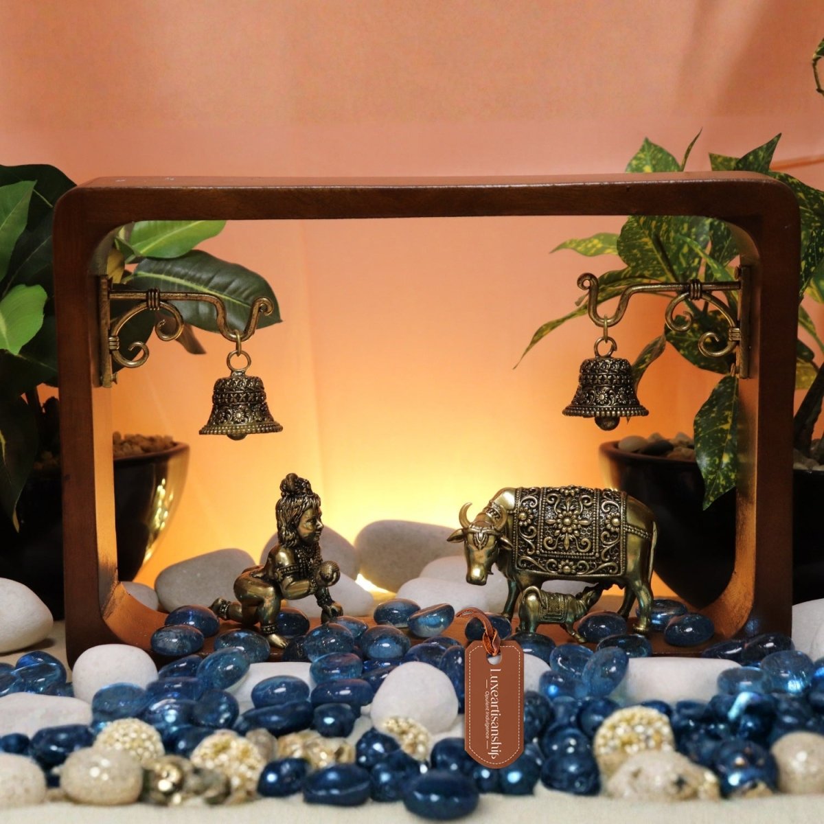 Laddu Gopal Idol with Kamdhenu in Wooden Frame