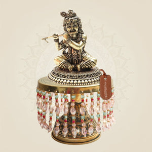 Brass Kanha Playing Flute Idol on Chowki 8.75" Base for Spiritual Space - Luxeartisanship