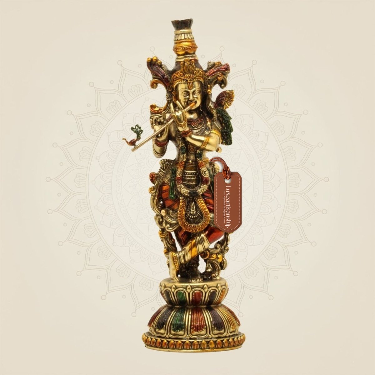 Brass Krishna Idol 8.75" – Handcrafted God Statue for Home Temple Decor - Luxeartisanship