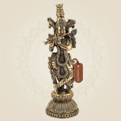 Brass Krishna Idol 8.75" – Handcrafted God Statue for Home Temple Decor