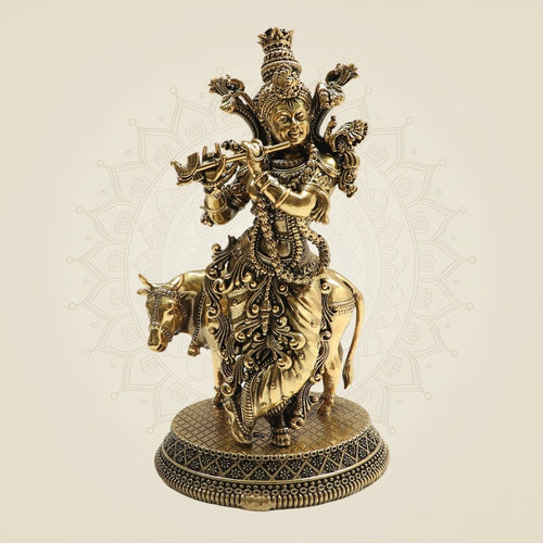 Brass Krishna Ji with Cow – A Timeless Symbol