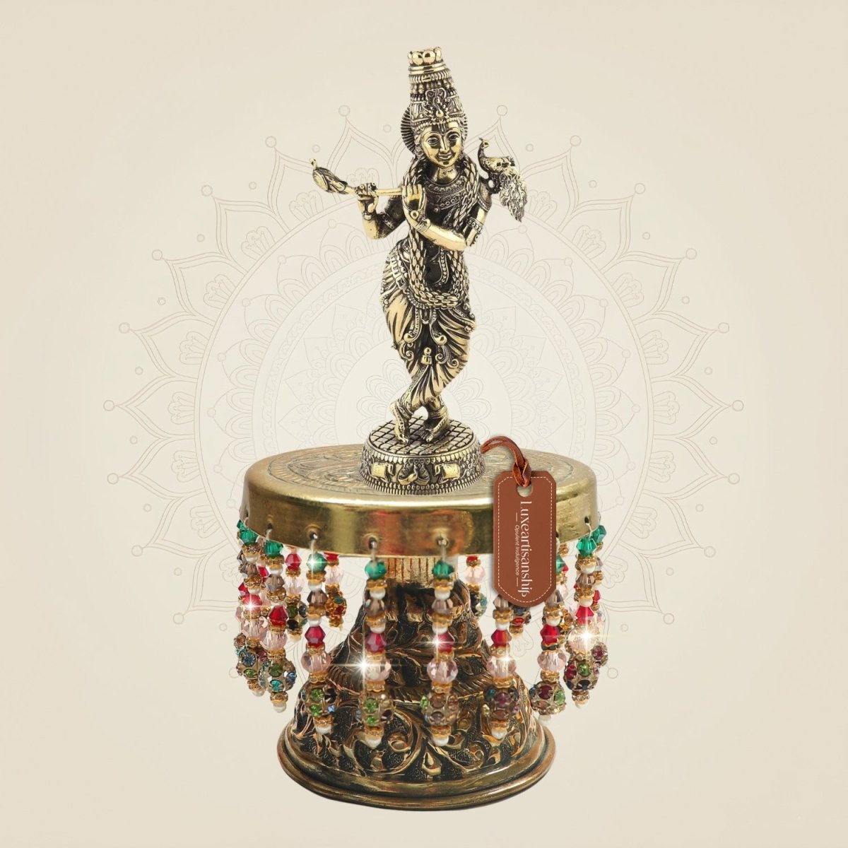 Brass Krishna Murti with Peacock on Chowki 7.5"– Graceful Murti of Beauty - Luxeartisanship