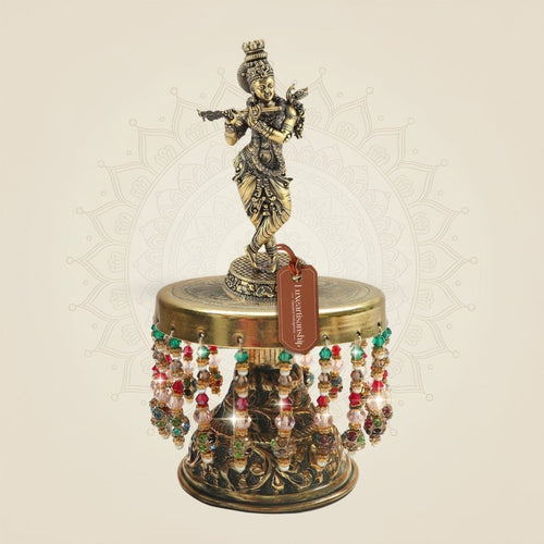 Krishna Brass Idol on Chowki 7.5" for Love and Blessings