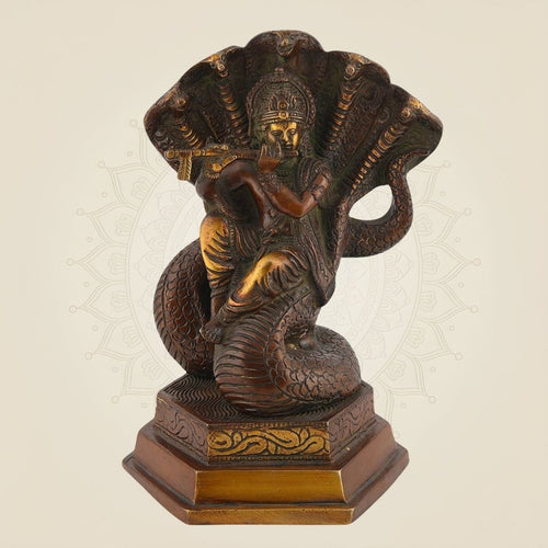 Brass Krishna Statue Sitting on Kaliya Serpent Base - Gopal Playing Flute Idol - 7.75