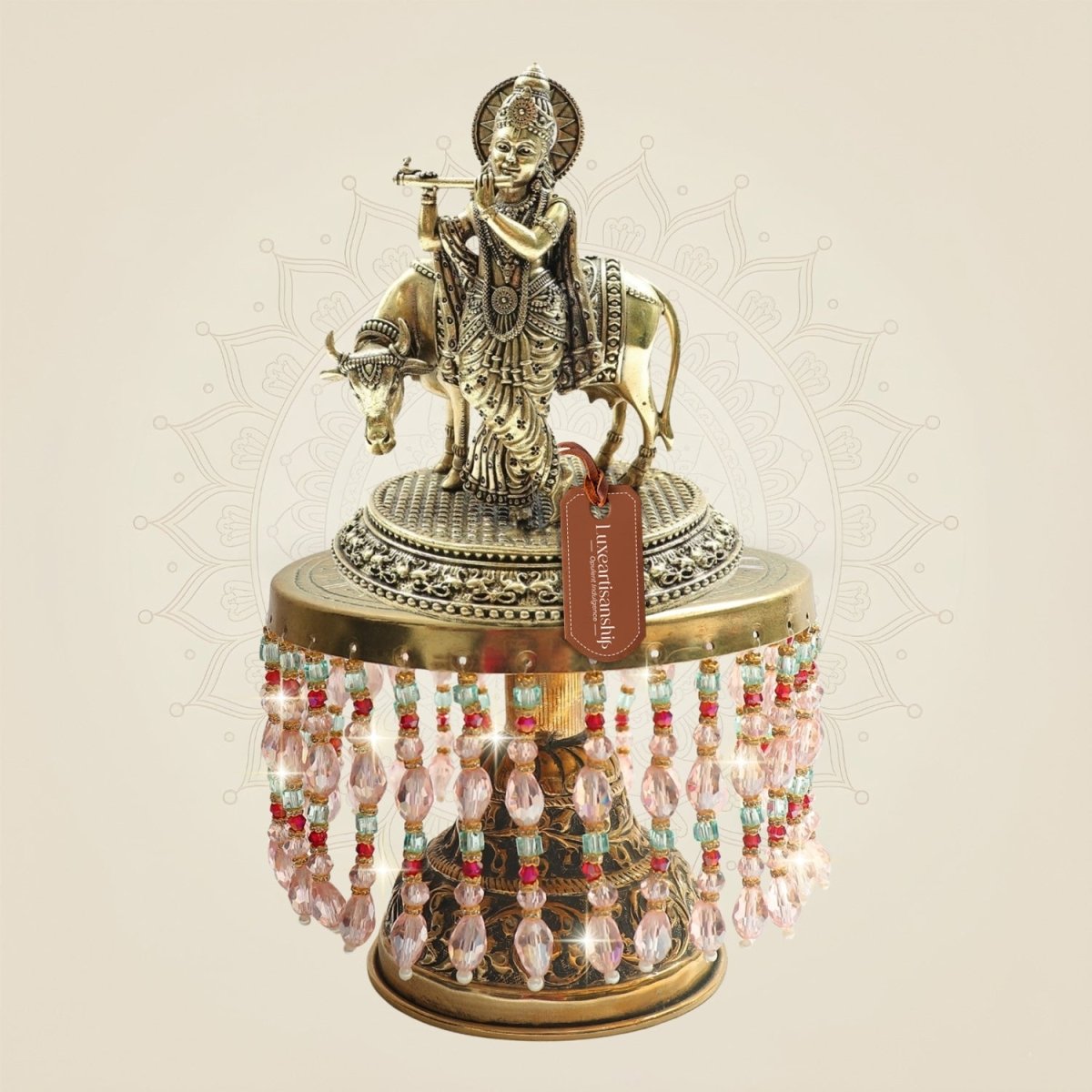 Brass Krishna with Cow Idol 9" on Chowki for Divine Grace - Luxeartisanship
