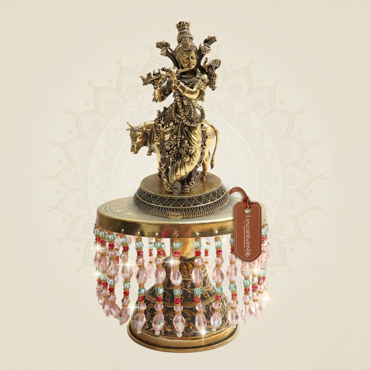 Brass Krishna with Cow on Chowki Showing Divine Cow Connection 12" - Luxeartisanship