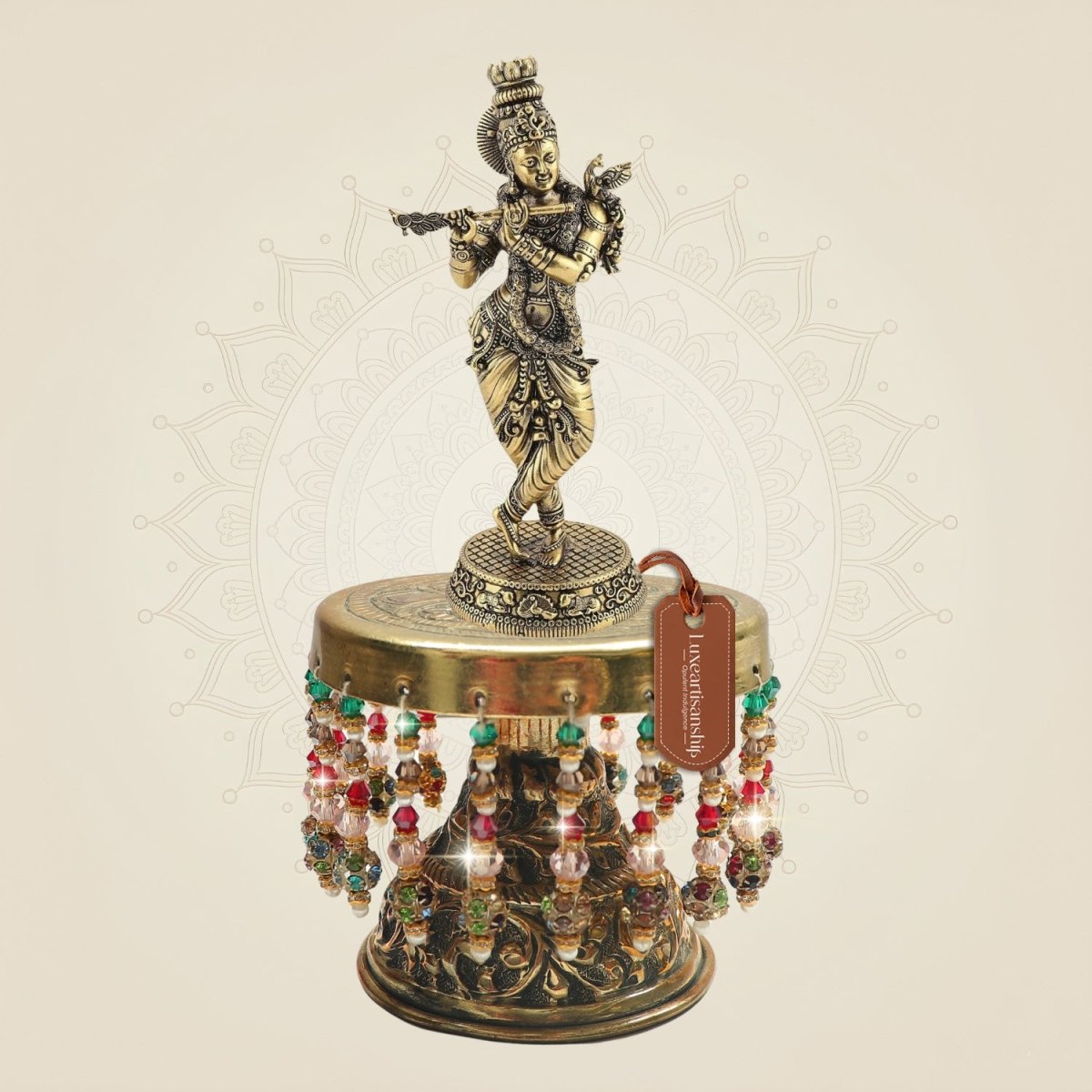 Brass Krishna with Flute on Chowki 8.5"– Graceful Symbol - Luxeartisanship