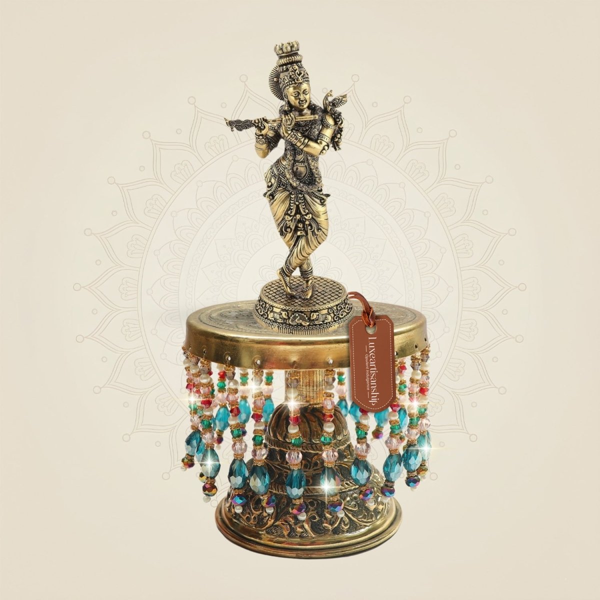 Brass Krishna with Peacock on Chowki 10"– Fine Sculpt Work - Luxeartisanship