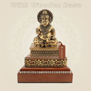 Brass Lord Kuber Murti on Wooden Base for Prosperity and Wealth