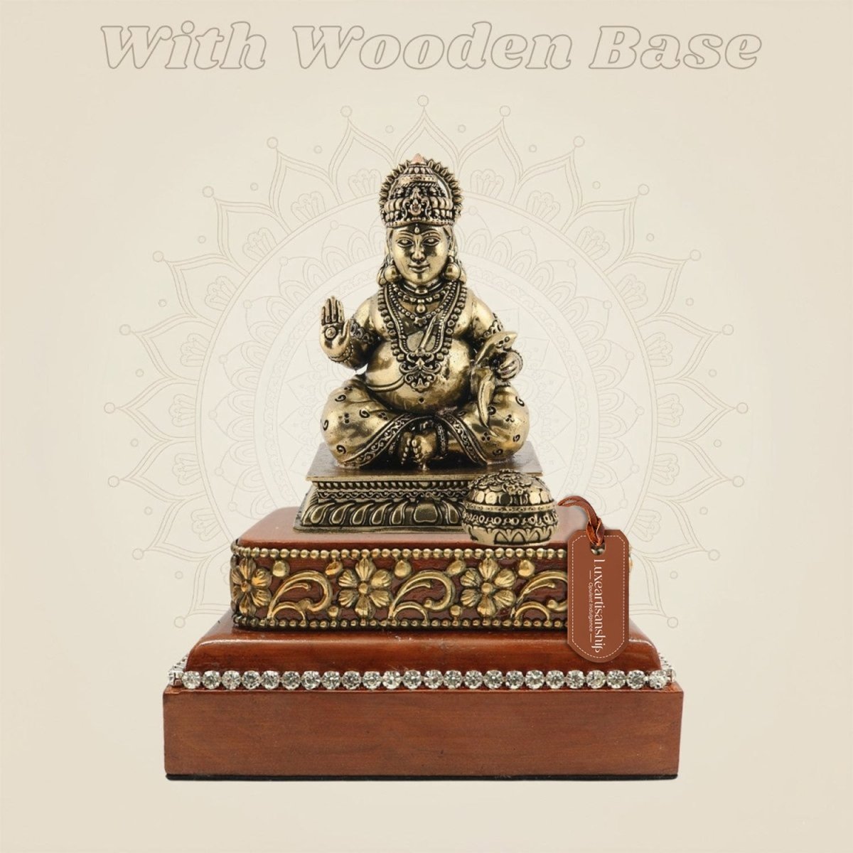Brass Lord Kuber Murti on Wooden Base for Prosperity and Home Decor