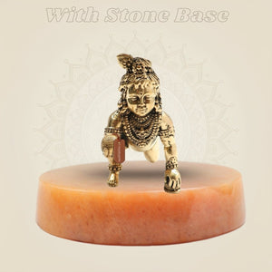 2-Inch Brass Laddu Gopal Idol on Yellow Stone with Traditional Kanha Ji Design