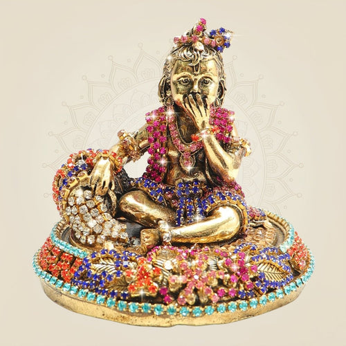 Brass Laddu Gopal Idol with Rhinestone Work – 2.75 Inch