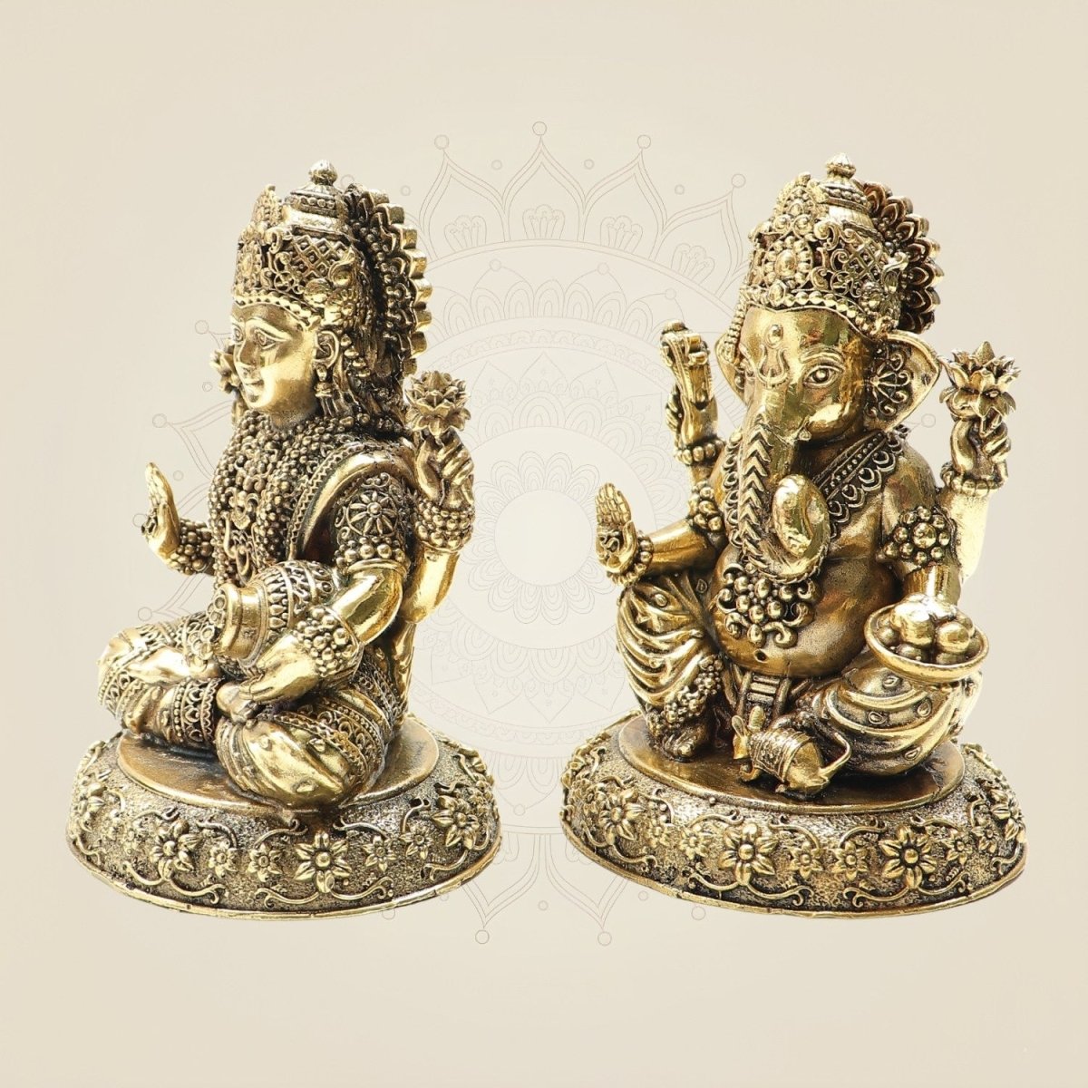 Brass Lakshmi and Ganesha Idol Pair 4" – Detailed Decorative Set - Luxeartisanship
