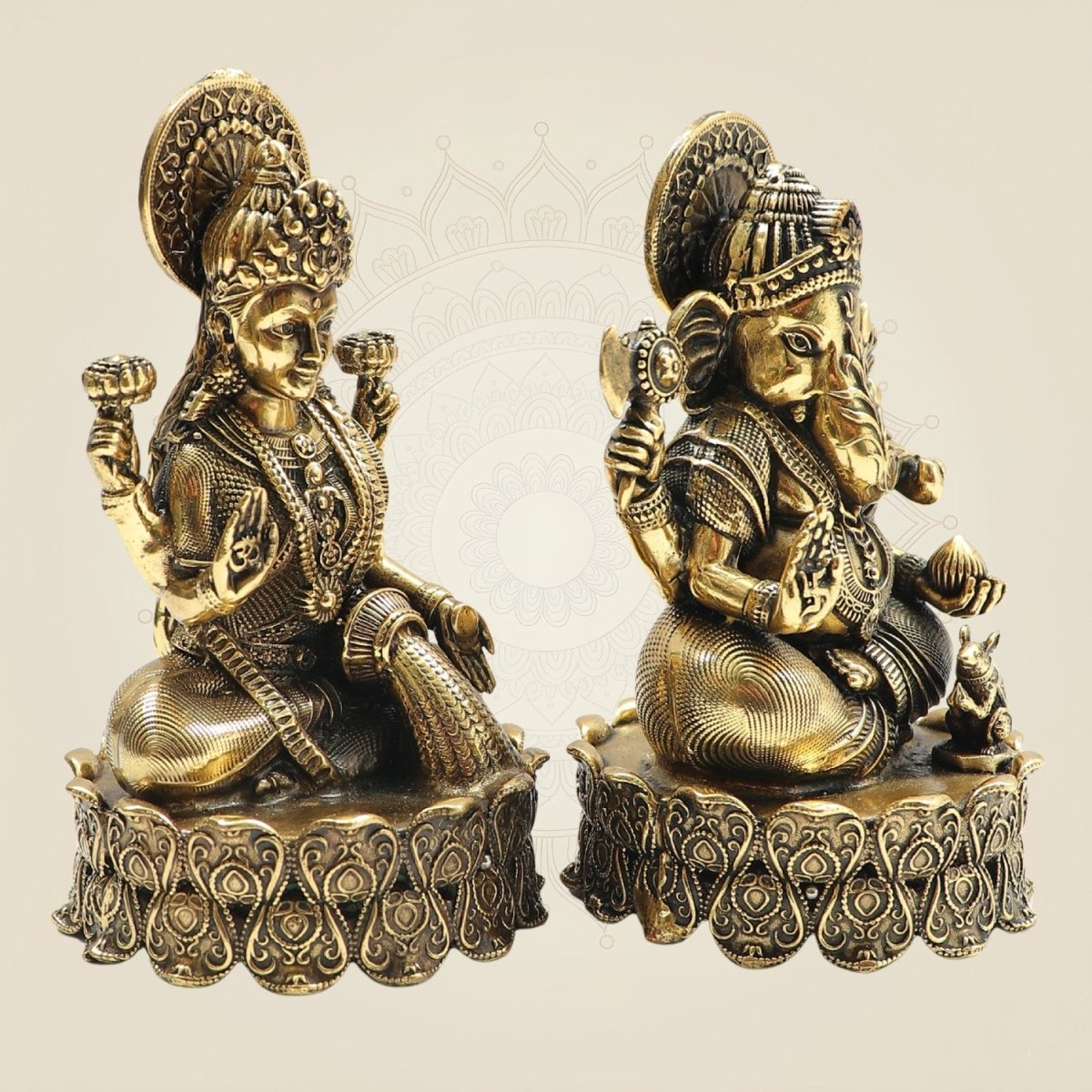 Brass Lakshmi Ganesh Idol Set 4.25" with Lotus Base - Luxeartisanship