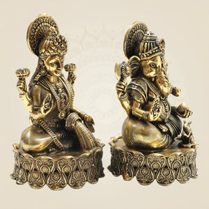Brass Lakshmi Ganesh Idol Set 4.25" with Lotus Base - Luxeartisanship