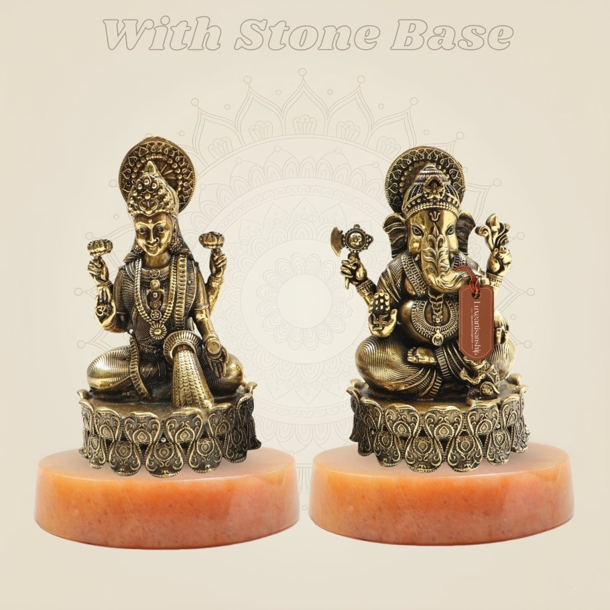 Brass Lakshmi Ganesh Idol Set 4.25" with Lotus Base - Luxeartisanship