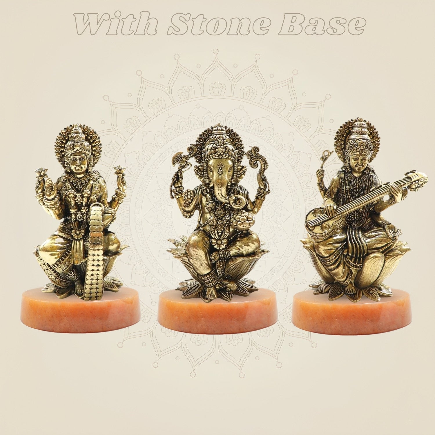 Brass Lakshmi Ganesh Saraswati Idol Set on stone base
