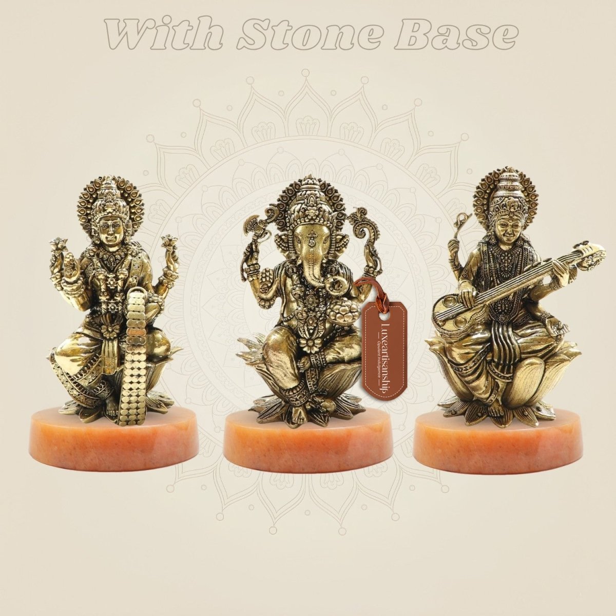 Brass Lakshmi Ganesh Saraswati Idol Set on stone base