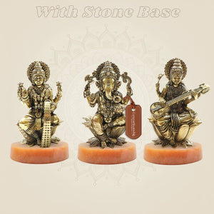 Brass Lakshmi Ganesh Saraswati Idol Set on stone base