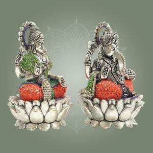Brass Lakshmi Ganesha Murti on Lotus Base Featuring Multicolor Stone Work 6" - Luxeartisanship