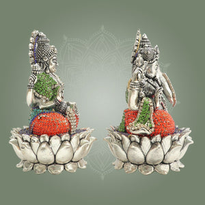 Brass Lakshmi Ganesha Murti on Lotus Base Featuring Multicolor Stone Work 6" - Luxeartisanship