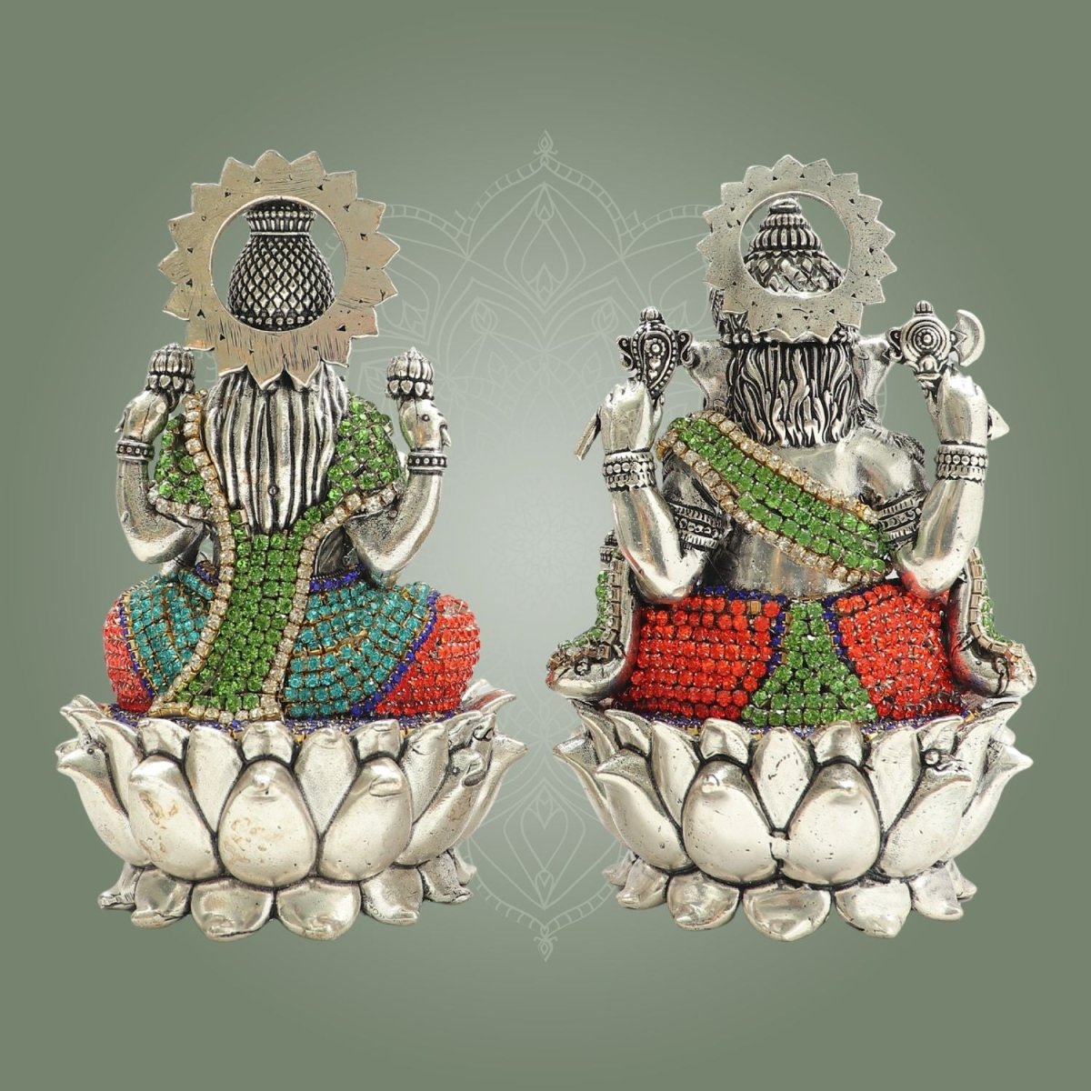 Brass Lakshmi Ganesha Murti on Lotus Base Featuring Multicolor Stone Work 6" - Luxeartisanship