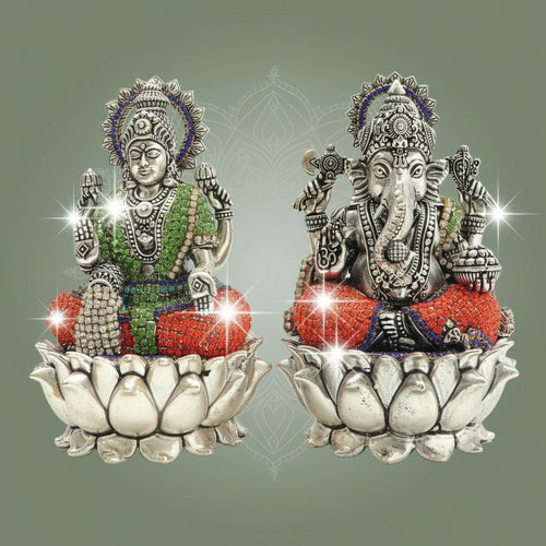 Brass Lakshmi Ganesha Murti on Lotus Base Featuring Multicolor Stone Work 6"