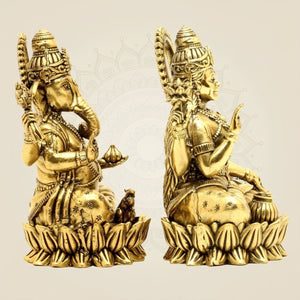 Brass Lakshmi Ganesha on Lotus – 4" Pair • Wealth & Wisdom Idols Set - Luxeartisanship