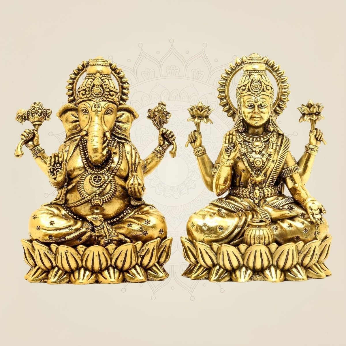 Brass Lakshmi Ganesha on Lotus – 4" Pair • Wealth & Wisdom Idols Set - Luxeartisanship
