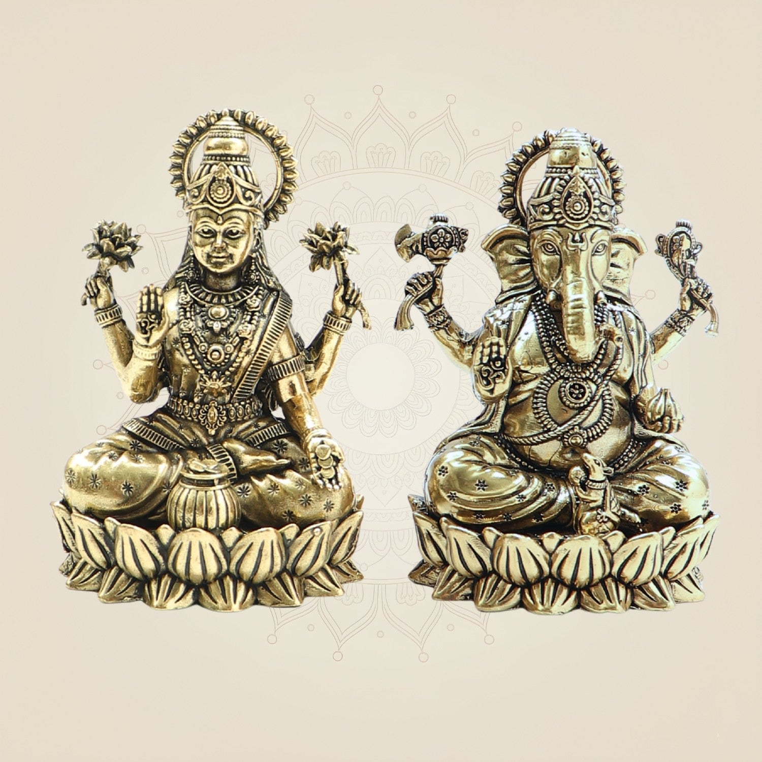 Brass Lakshmi Ganesha on Lotus – 4" Pair