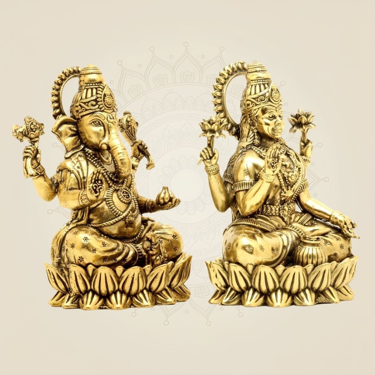 Brass Lakshmi Ganesha on Lotus – 4" Pair • Wealth & Wisdom Idols Set - Luxeartisanship