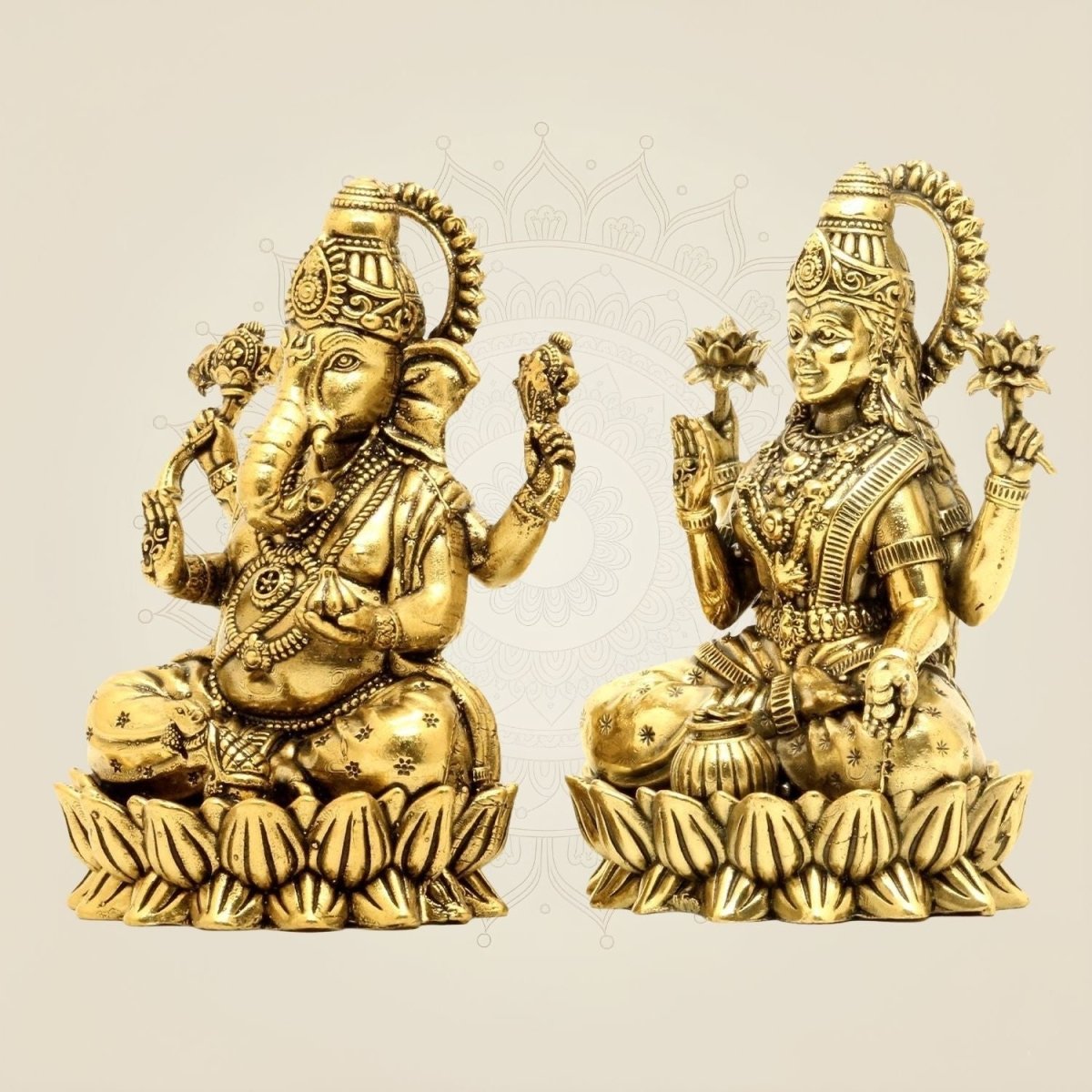 Brass Lakshmi Ganesha on Lotus – 4" Pair • Wealth & Wisdom Idols Set - Luxeartisanship
