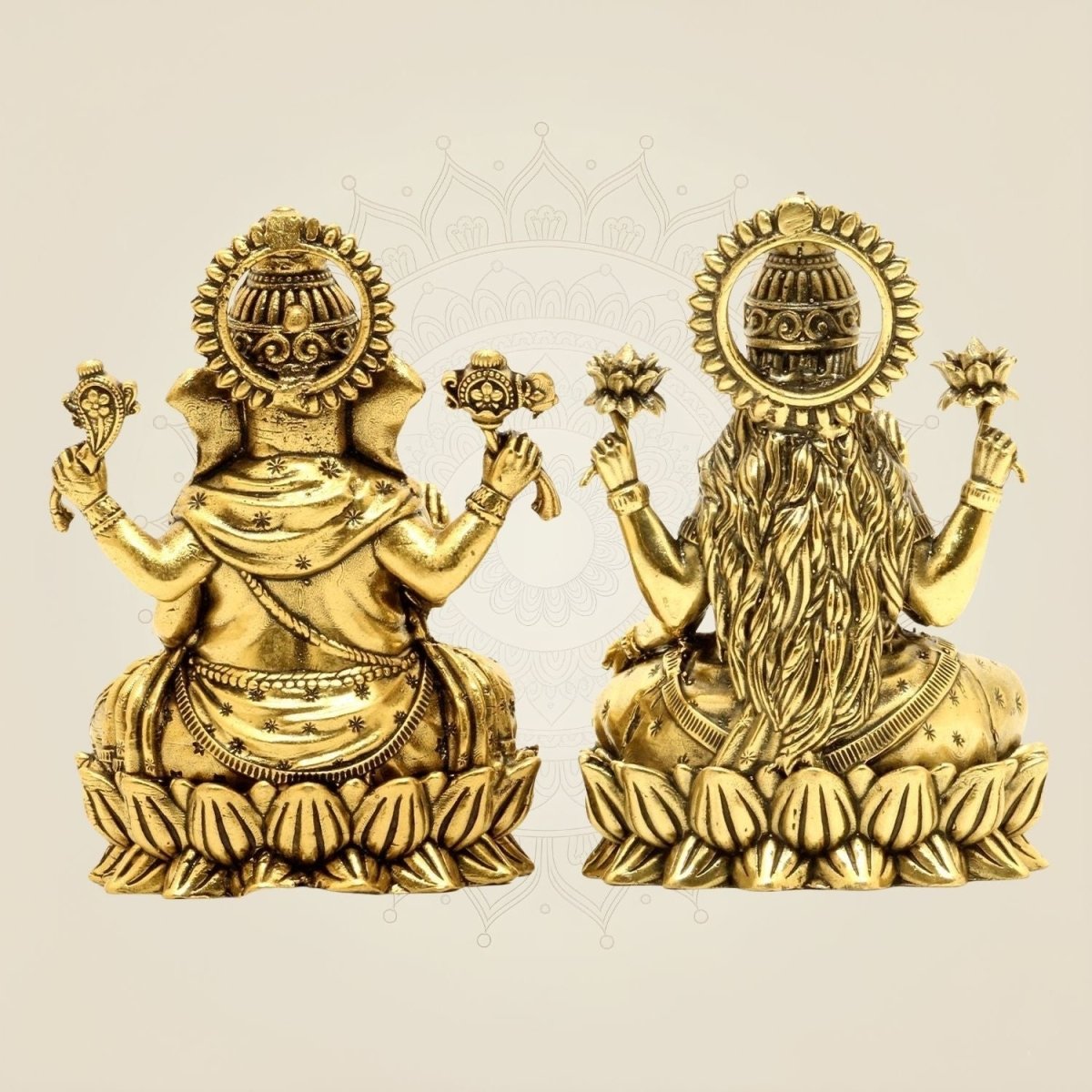Brass Lakshmi Ganesha on Lotus – 4" Pair • Wealth & Wisdom Idols Set - Luxeartisanship